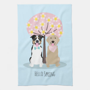 Hej Vår Hundar efter körsbärs Blommar Träd Kökshandduk
