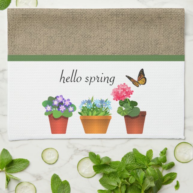 Hej Vår Khaki Färg Burlap och Flower Pots Kökshandduk (Vikta)