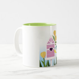 Hej Vår - Pastel Birdhouse och Gult Tulips Två-Tonad Mugg