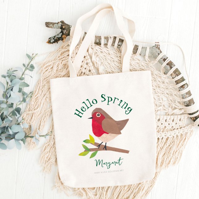 Hej Vår Personlig Retro Robin Cute Bird Tygkasse (The uplifting message "Hello Spring" appears in retro whimsical typography on this spring tote bag.)