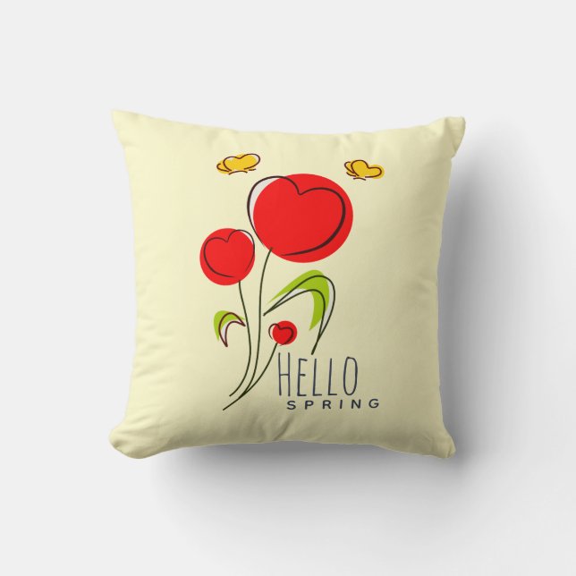 Hej Vår text med Cute Red Heart Flowers Kudde (Framsida)