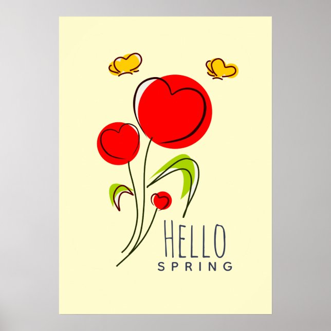 Hej Vår text med Cute Red Heart Flowers Poster (Framsidan)