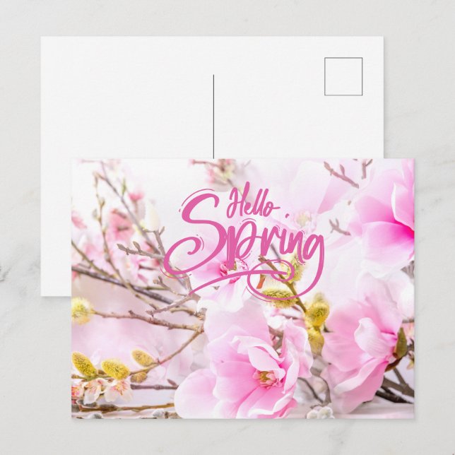 Hej våren rosa magnoliablommor vykort (Fram/baksida)