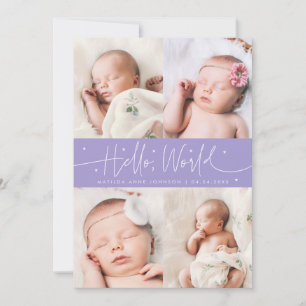 Hej Världen Manus Violett Flerfoto Födelse Meddelande