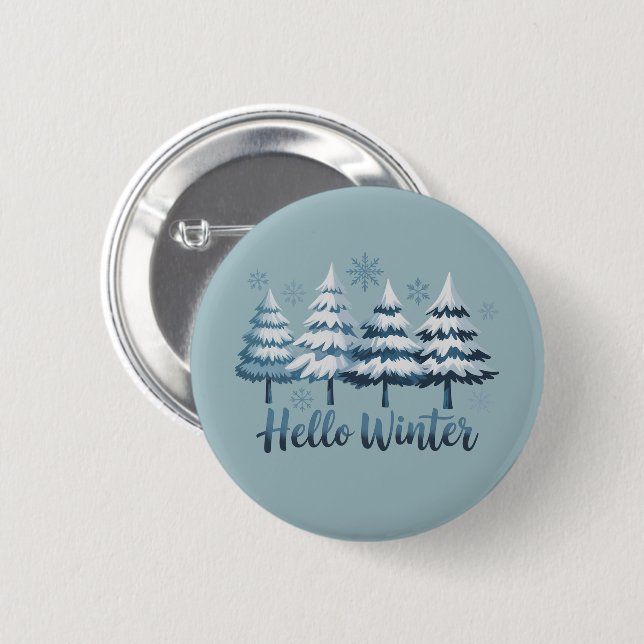 Hej Vinter Säsong Vibes Träd Snöflingor Xmas Knapp (Framsida & baksida)