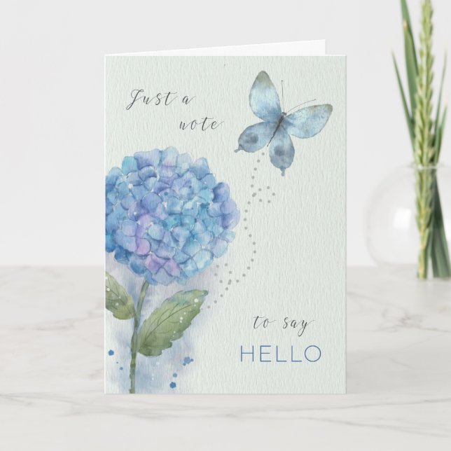 Hej Watercolor Blue Hydrangea and Butterfly Kort (Framsida)