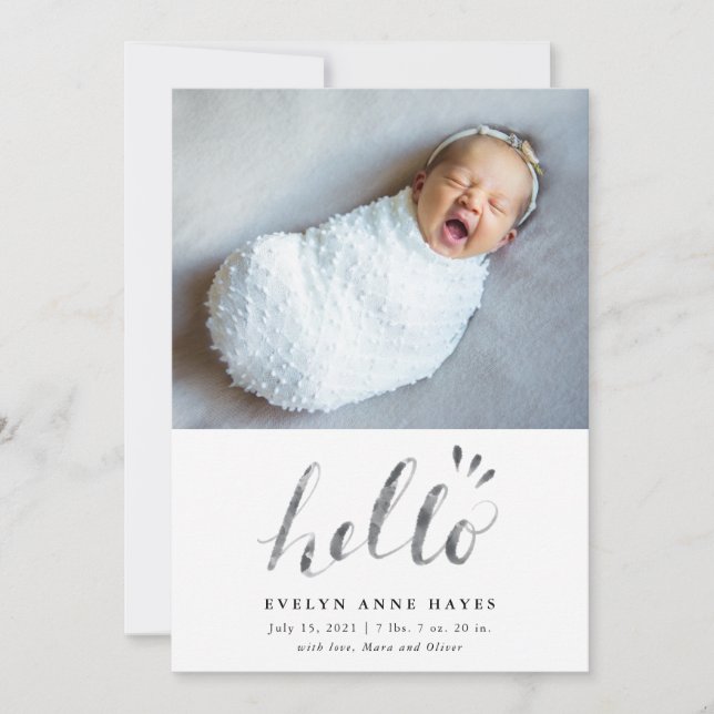 Hej Watercolor Script Baby Photo Birth Meddelande (Framsida)