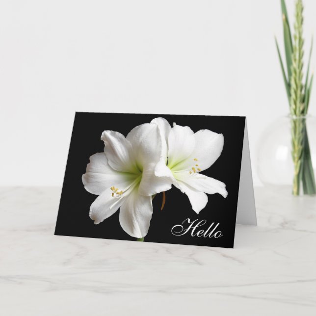 Hej White Lily Flower Greeting Card på svart Kort (Framsida)