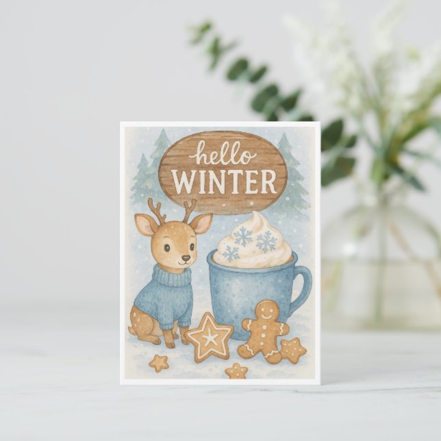 Hej Winter.Mysiga renar, Hett Kakao, Gingerbröd Vykort (Stående Fram)