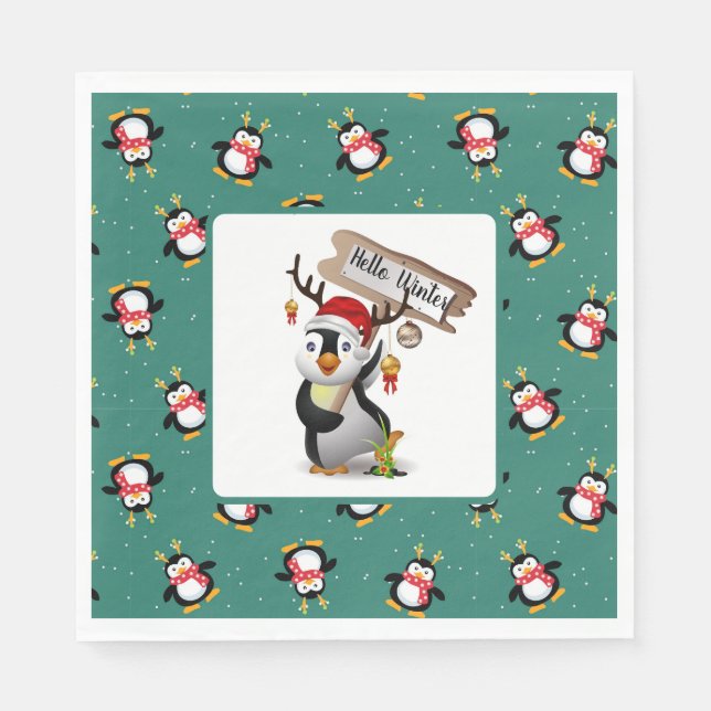 Hej Winter Penguins Napkins Pappersservett (Framsidan)