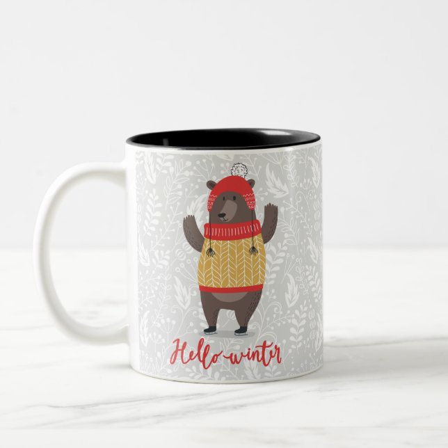 Hej Winter Season Hälsning Illustration Bear Art Två-Tonad Mugg (Vänster)