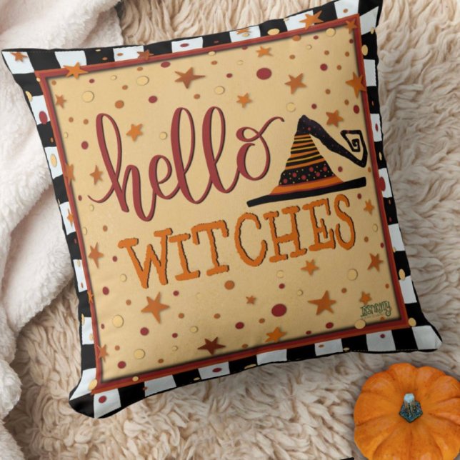 Hej Witches Funny Cute Halloween Hat Kudde (Skapare uppladdad)
