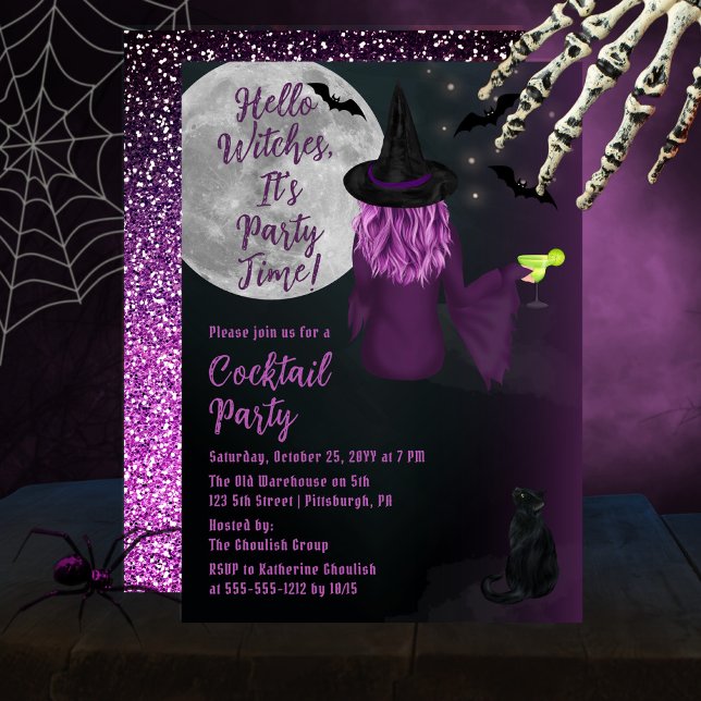 Hej Witches Halloween Cocktail Party Inbjudningar ("Hello Witches, It's Party Time!" Halloween Cocktail Party Invitation - Purple Witch | Faux Glitter)