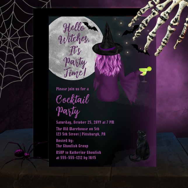 Hej Witches Halloween Cocktail Party Inbjudningar ("Hello Witches, It's Party Time!" Halloween Cocktail Party Invitation with Purple Witch)