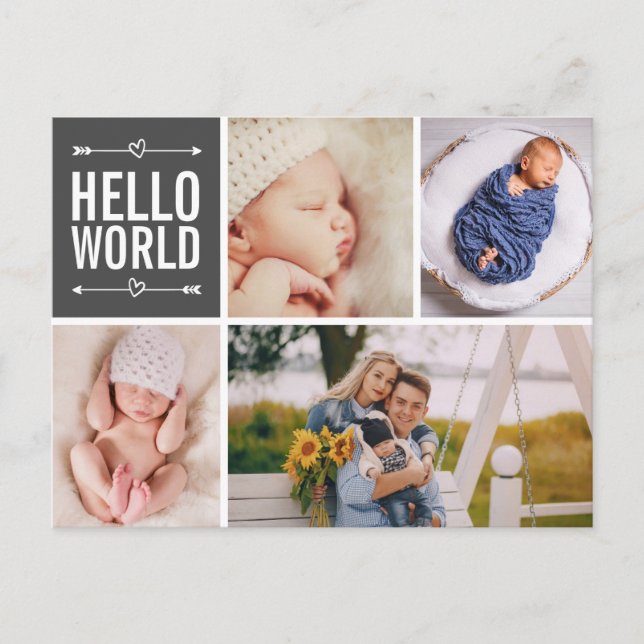 Hej World and Birth Announcement Photo Collage Vykort (Framsida)