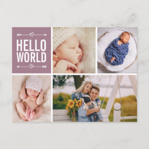 Hej World and Birth Announcement Photo Collage Vykort