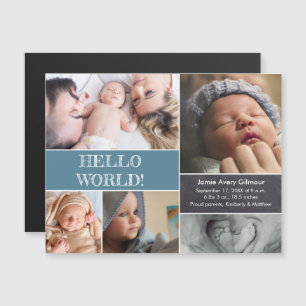 Hej World Anpassningsbar fotocollage baby-foto Magnetisk Inbjudningskort