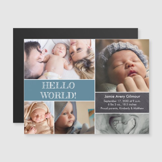 Hej World Anpassningsbar fotocollage baby-foto Magnetisk Inbjudningskort (Fram/baksida)