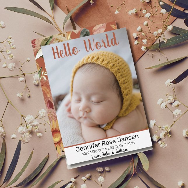 Hej World Autumn Blommigt Photo Birth Notice Meddelande (Hello World Autumn Floral Birth Announcement Photo Card)