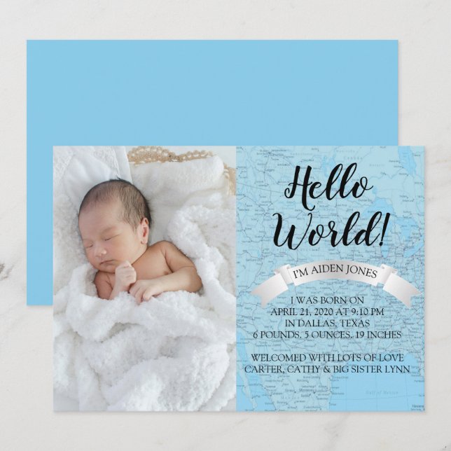 hej World Baby blue World Map Birth Notice Inbjudningar (Fram/baksida)