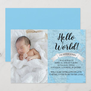 hej World Baby blue World Map Birth Notice Inbjudningar