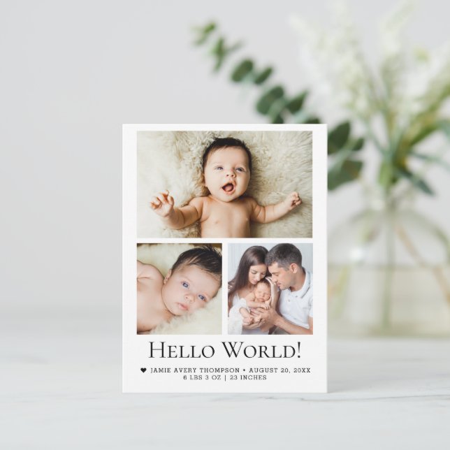 Hej World! Baby Photo Birth-meddelande Vykort (Stående Fram)