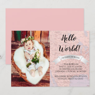 Hej World Baby Rosa World Map Birth Notice Inbjudningar