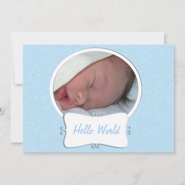Hej World Blue Photo Birth Notice Meddelande (Framsida)