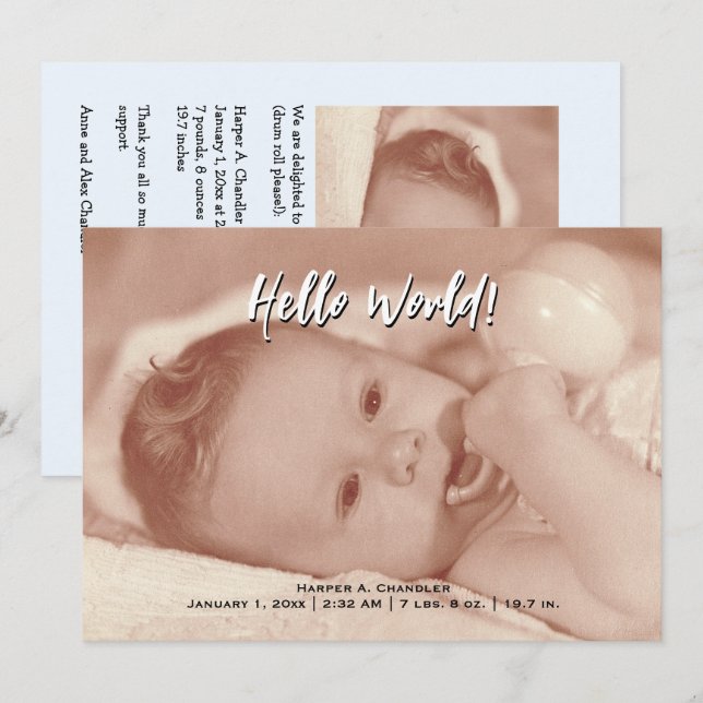 Hej World Din Text and Baby Photo Blue Template Meddelande (Fram/baksida)