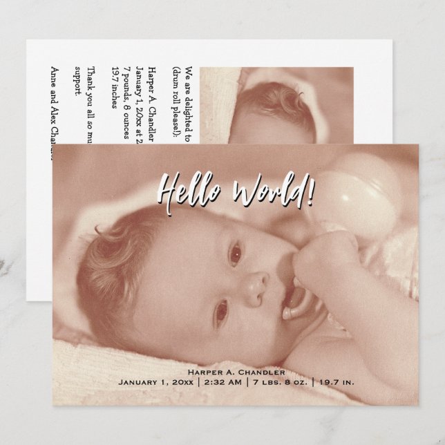 Hej World - din text- och Baby-fotomall Meddelande (Fram/baksida)