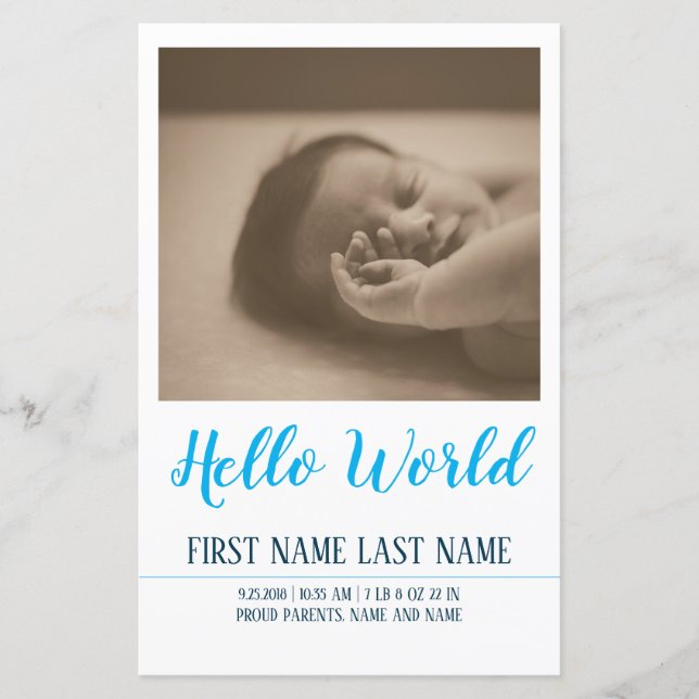 Hej World - födelsemeddelande med foto (Framsida)