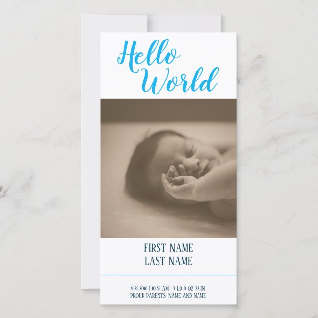 Hej World - födelsemeddelande med foto (Framsida)