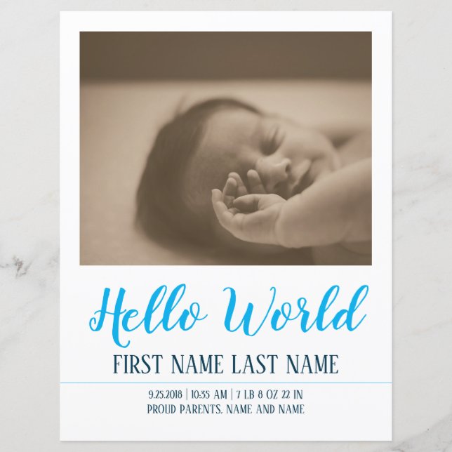 Hej World - födelsemeddelande med foto (Framsida)