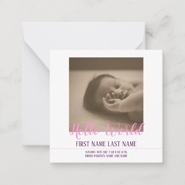 Hej World - födelsemeddelande med foto Anteckningskort (Framsida)