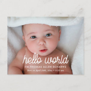 Hej World-fotofödelsemeddelande Vykort