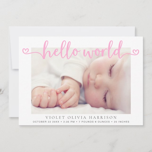 Hej World Hearts Foton Rosa Flicka Birth Meddelande (Framsida)