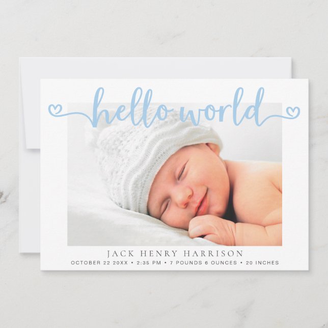 Hej World Hearts Photos Blue Pojke Birth Meddelande (Framsida)