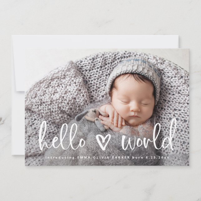 Hej World| Meddelande om Baby foto Heart Birth Inbjudningar (Framsida)
