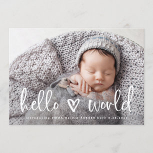 Hej World  Meddelande om Baby foto Heart Birth Inbjudningar