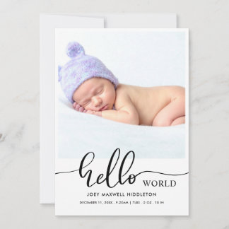 Hej World Modern Script Birth Notice Meddelande