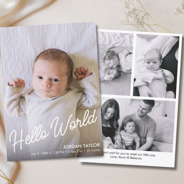 Hej World Modern Script Newborn Baby Birth Meddelande (Hello World Modern Script Newborn Baby Birth Announcement)