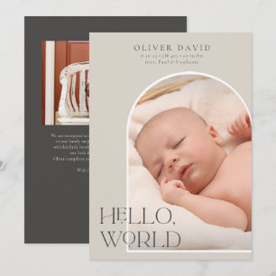 Hej World Neutralt Arch Photo Birth Notice Inbjudningar