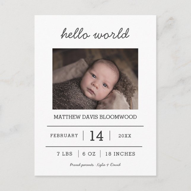 Hej World | Nyfött foto Meddelande Vykort (Framsida)