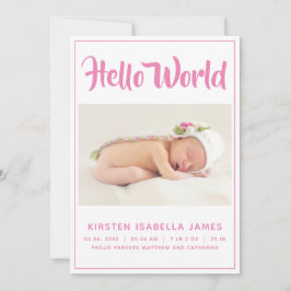 Hej World Photo Baby Announcement Rosa Inbjudningar