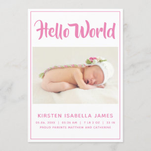 Hej World Photo Baby Announcement Rosa Inbjudningar