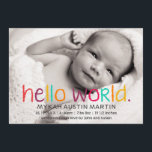 Hej World Photo Birth Notice of Meddelande<br><div class="desc">Låt er lilla säga "hej" till vänner och familj med detta enkla födelsetillkännagivande som snyggten säger. Lägg bara till ditt eget foto och information.</div>