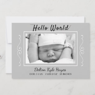 Hej World Photo Grått Baby Birth Notice Meddelande
