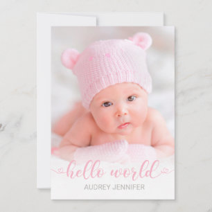 Hej World Rosa Script Photo Flicka Birth Meddelande