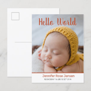 Hej World Script Pumpkin Photo Birth Announcemen Meddelande Vykort