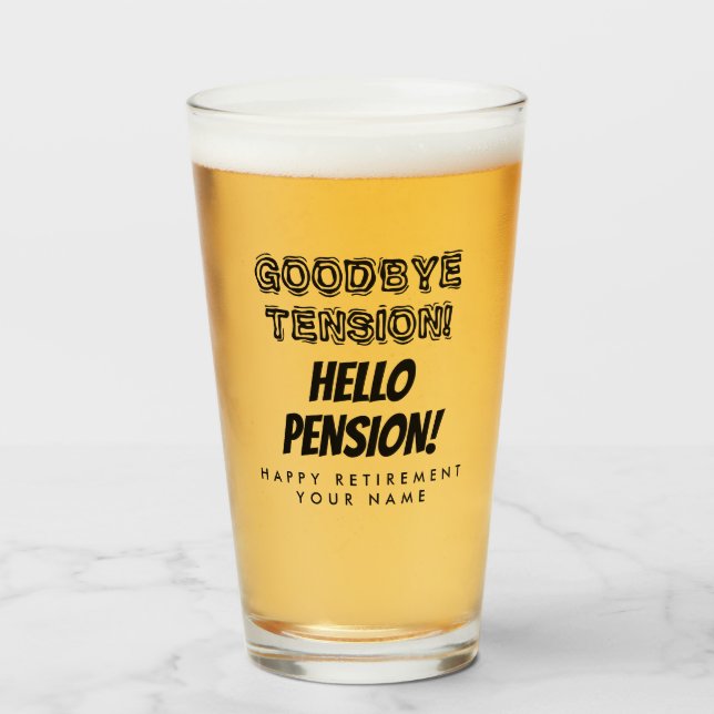 Hejdå spänning hej pension rolig pensionering glaskopp (Framsida fylld)